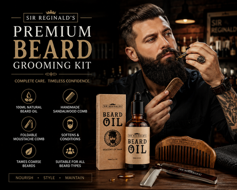 Sir Reginald's 3 Piece Beard Grooming Kit – 100ml Beard Oil, Sandalwood Comb &amp; Foldable Moustache Comb – Free UK Delivery